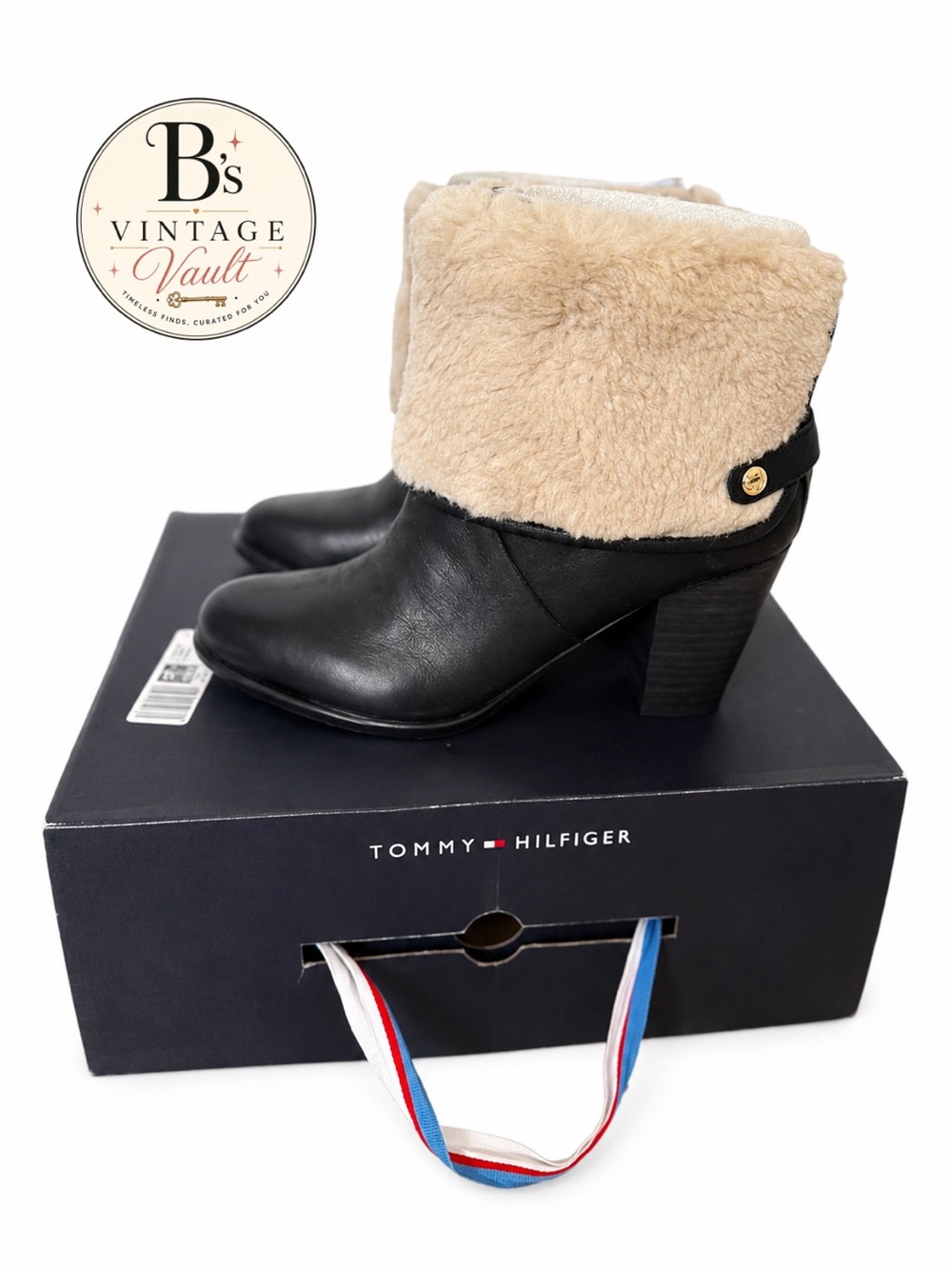 Tommy Hilfiger Katelynn Black Leather Faux Fur Sherpa Heeled Booties